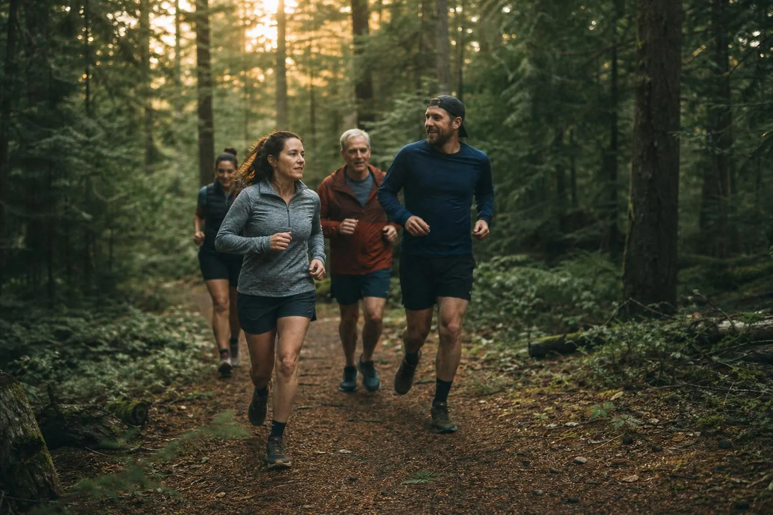 Groupe de coureurs en forêt, lumière dorée